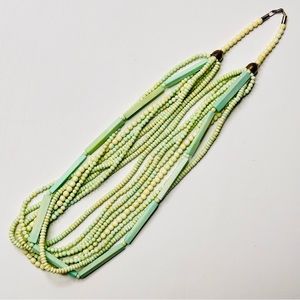VTG 70s Beaded Necklace Bohemian Layered 8 Strands Light Green Beads Bell Ends
